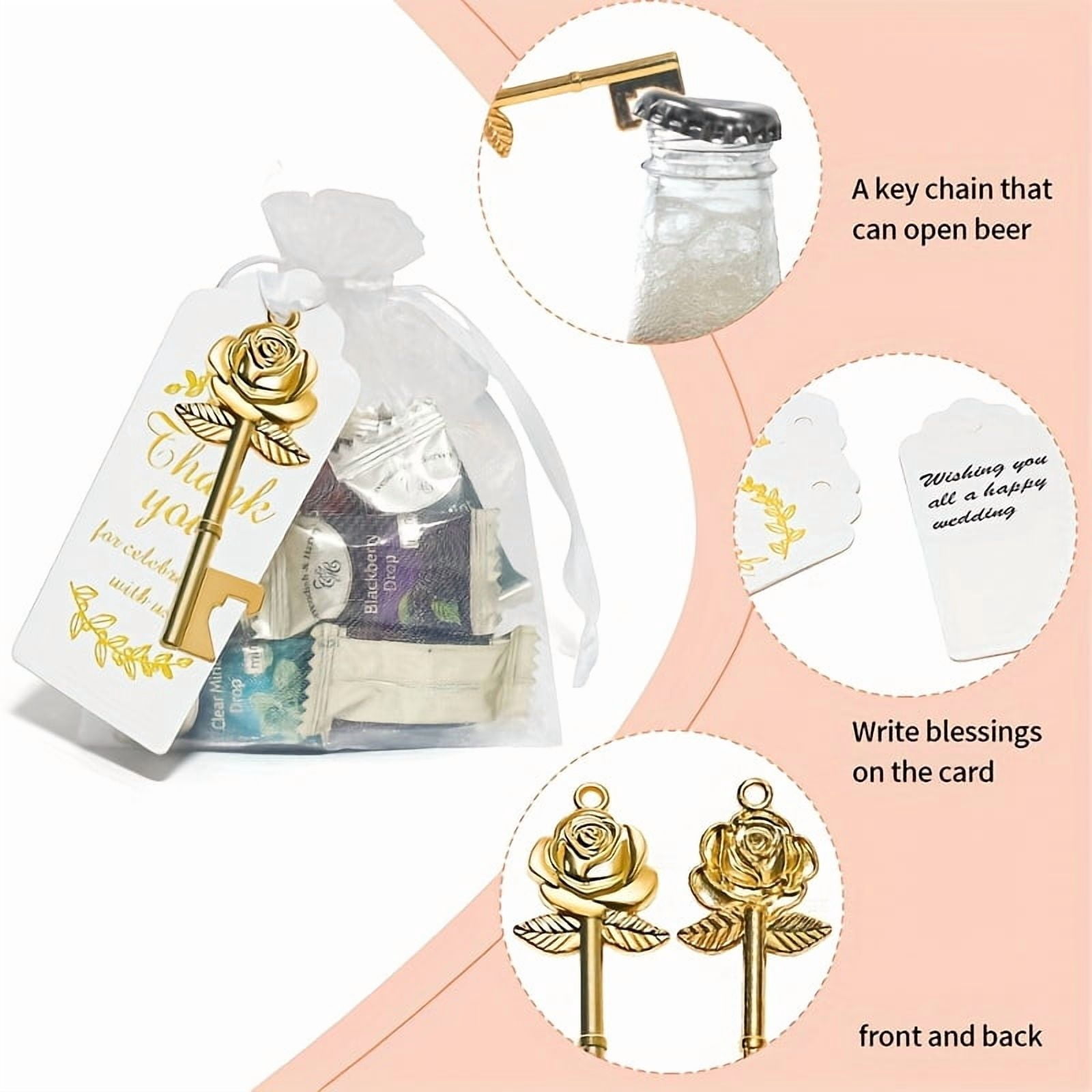 50PCS gold/silver Rose Flower Shaped Keys Wedding Favors Gift for Guest Bulk Skeleton Key Bottle Opener with Card and Chain for Rustic Party Bridal Showers Decorations