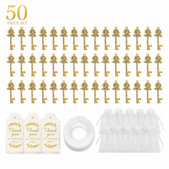 50PCS gold/silver Rose Flower Shaped Keys Wedding Favors Gift for Guest Bulk Skeleton Key Bottle Opener with Card and Chain for Rustic Party Bridal Showers Decorations