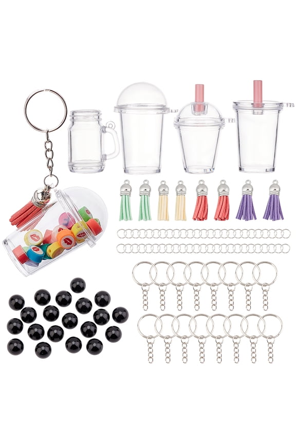 50PCs DIY 10Sets Milk Tea Faux Suede Tassels Large Cat Charm Keychain Making Kit Resin Tea Key Chain Split Rings for Keychains Making Supplies Bag