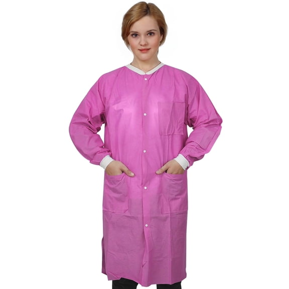 Disposable Lab Coats, SMS Material, Knee Length, 3 Pockets, 50 Pack – X-Large, Pink