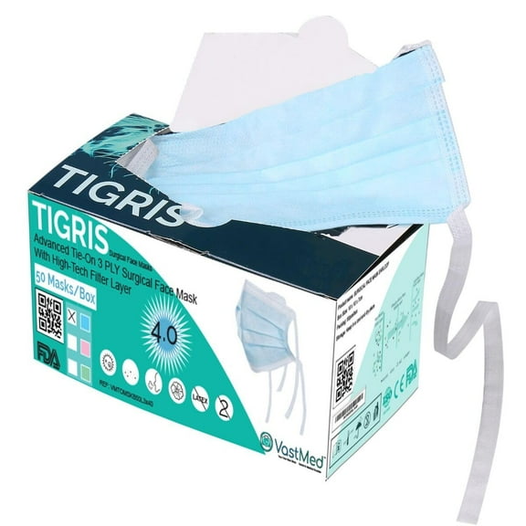 50PCs Dental/Medical Grade Tigris Surgical Blue Tie-On Mask Filtering Layers by VASTMED | Level-3 3Ply Non-Woven Breathable Face Mask for Protection