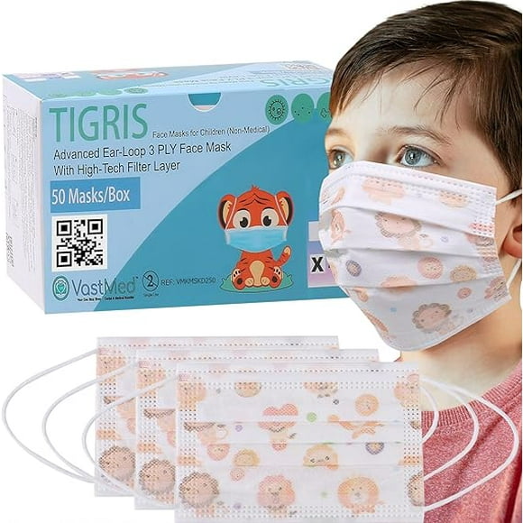 50PCs Kids Face Mask Lion Design by Vastmed | Disposable Face Masks for Kids | Breathable & Comfortable Facial Masks for Boys and Girls