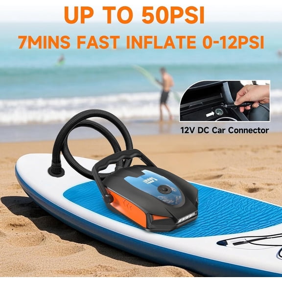 50PSI Paddle Board Pump, Electric High Pressure Pump, Dual Stage Inflation & Deflation, Auto-Off, Portable Sup Air Pump, 12V Car Connector for Stand Up Boards, Pickup, Kayaks Boats