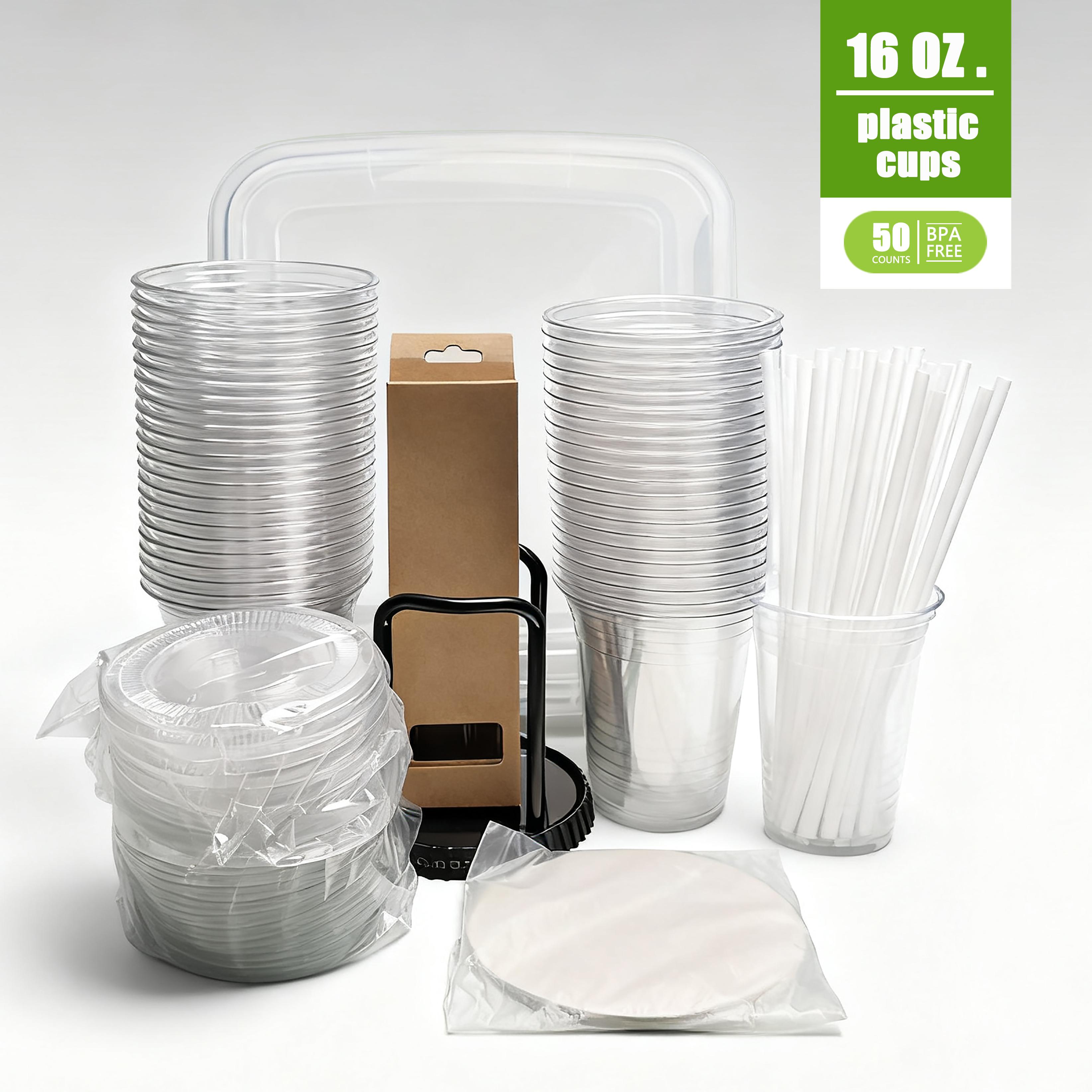50Pack 16oz Disposable Cups COMPLETE KIT With Lids Straws Includes ...
