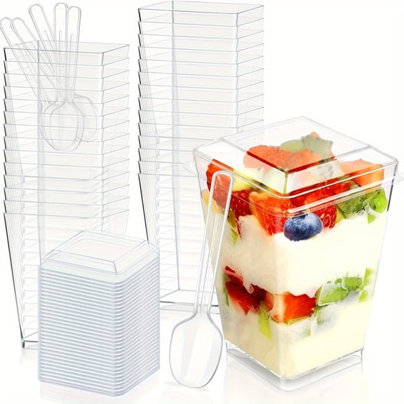 50Pack 5oz Square Dessert Cups with Lids and Spoons, Parfait Cups Clear Dessert Shooter Cups Appetizer Cups for Party with Pudding Fruit Ice Cream Cups