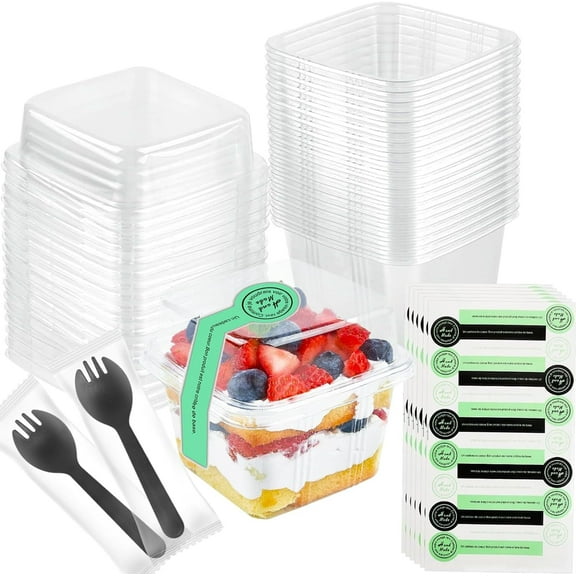 50Pack 8 oz Square Plastic Dessert Cups with Lids and Individually Wrapped Spoons, Clear Disposable Plastic Yogurt Parfait Cups for Cupcake Mousse Yogurt Pudding Mousse Fruits