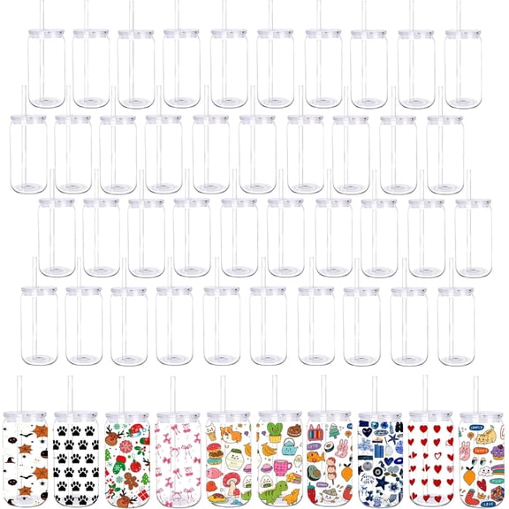 50Pack Acrylic Mason Jars Cups with Lids and Straws, 16 oz Clear Plastic Tumbler, Iced Coffee Cups Water Bottles Mugs for Wedding Party Favor Water Milk Beer Juice, Clear Lids