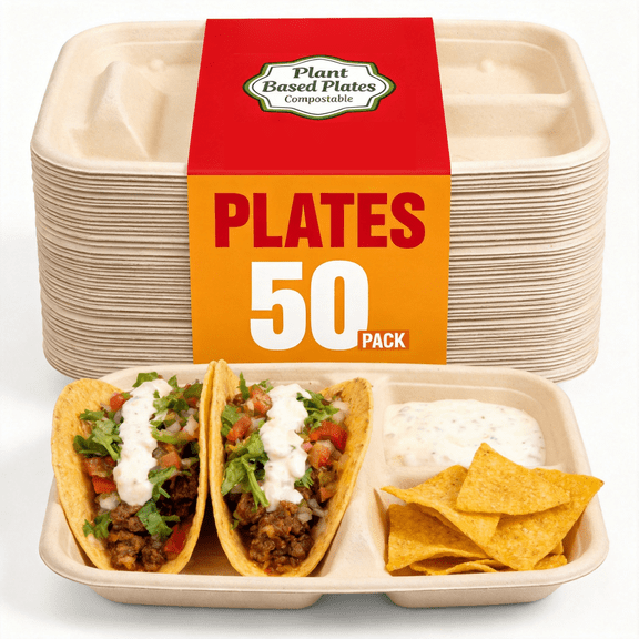 50Pack Disposable Taco Plates for 2 Tacos & 2 Sides – Premium Paper Plates with Integrated Dividers, Ideal for Taco Bars, Fiesta-Themed Events, and Weekly Taco Tuesday Gatherings