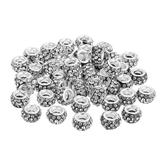 50Pack European Large Hole Beads, Rhinestone Craft Beads, Black White