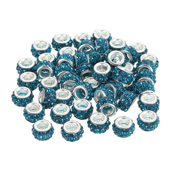 50Pack European Large Hole Beads, Rhinestone Craft Beads, Blue