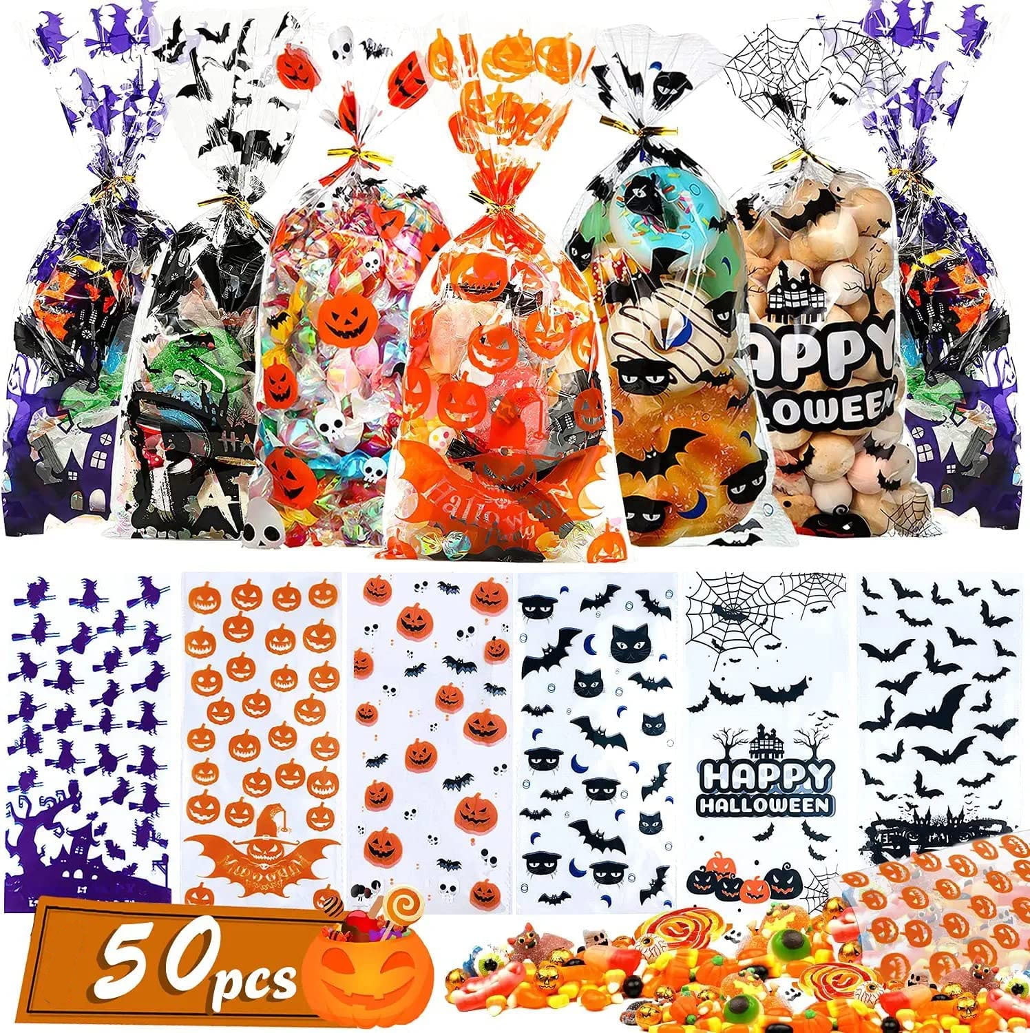 50Pack Halloween Cellophane Treat Bags, Plastic Goodie Candy Bag for