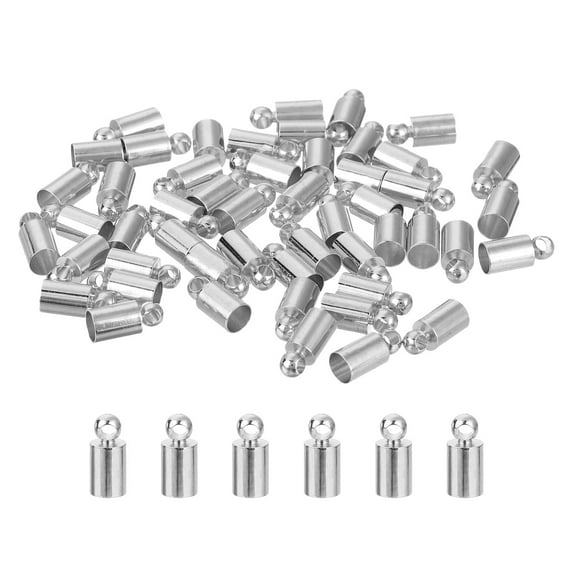 50Pack Leather Cord End Caps, 3mm OD Column Barrel Terminators for Leather Bracelets Tassels, Rhodium Tone