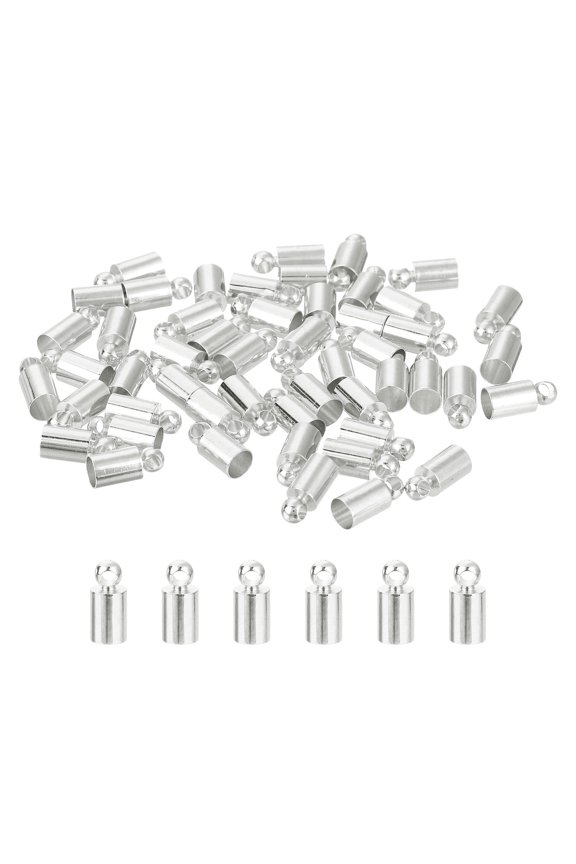 50Pack Leather Cord End Caps, 4mm OD Column Barrel Terminators for Leather Bracelets Tassels, Silver Tone