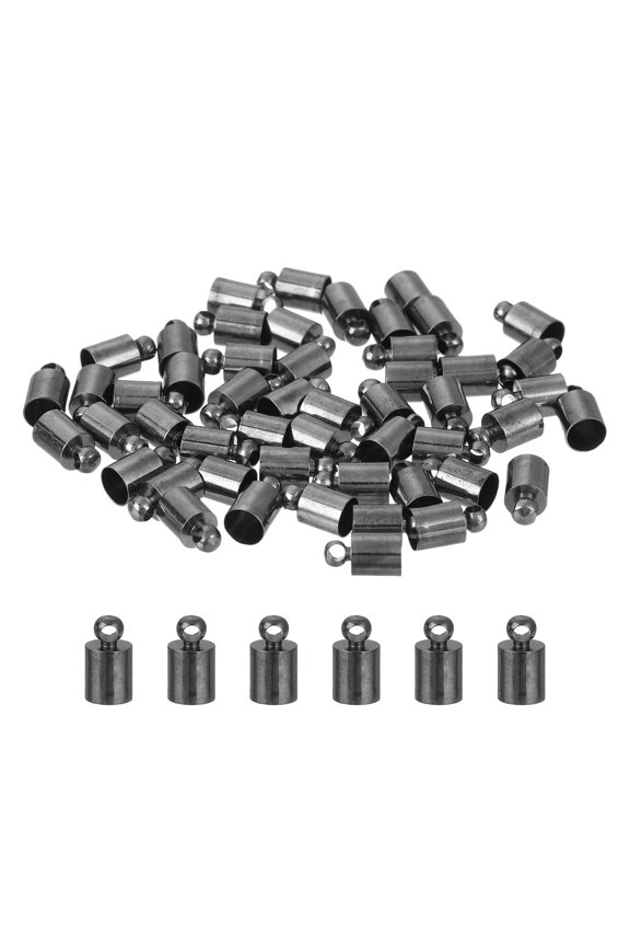 50Pack Leather Cord End Caps, 5mm OD Column Barrel Terminators for Leather Bracelets Tassels, Metallic Black