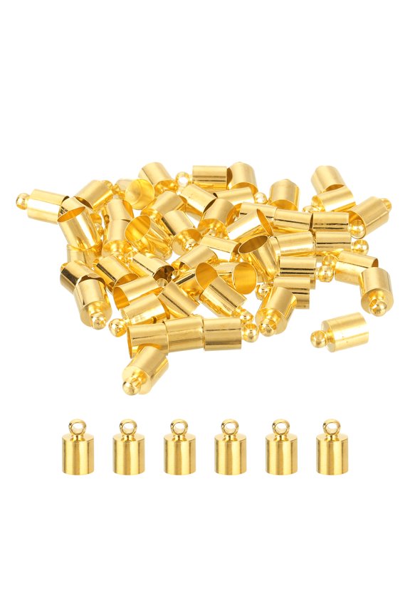 50Pack Leather Cord End Caps, 6mm OD Column Barrel Terminators for Leather Bracelets Tassels, Gold Tone