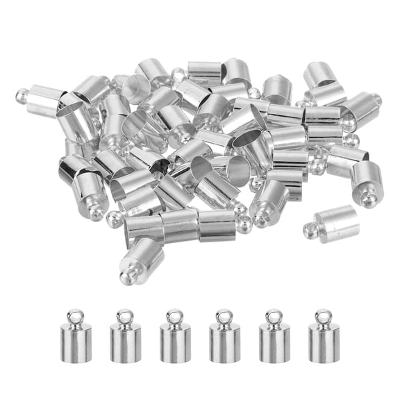 50Pack Leather Cord End Caps, 6mm OD Column Barrel Terminators for Leather Bracelets Tassels, Rhodium Tone