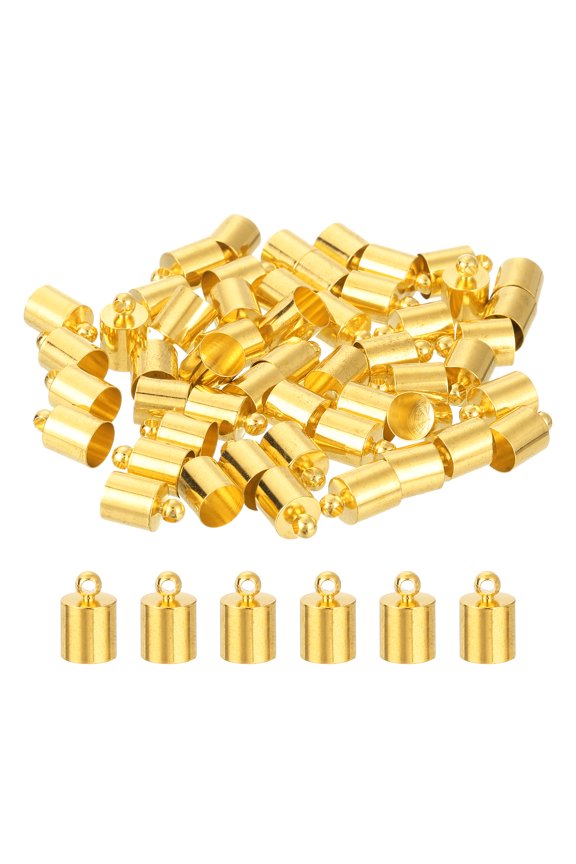 50Pack Leather Cord End Caps, 7mm OD Column Barrel Terminators for Leather Bracelets Tassels, Gold Tone