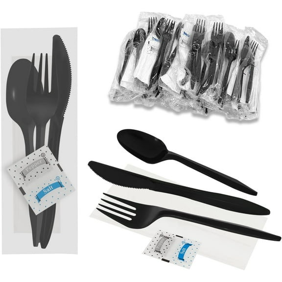 50Pack Plastic Cutlery Packets, Knife Fork Spoon Napkin Salt Pepper Sets, Individually Wrapped Packets for Delivery, Cafeterias, Restaurants