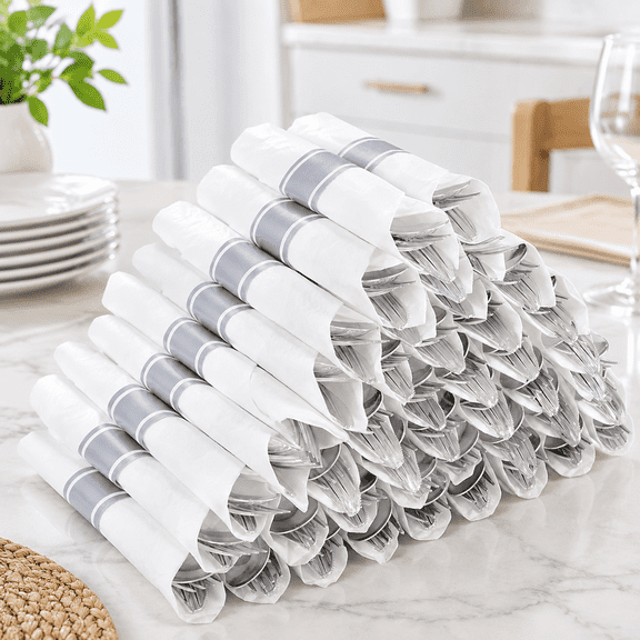 50Pack Pre Rolled Silver Plastic Silverware Set Heavy Duty for Party