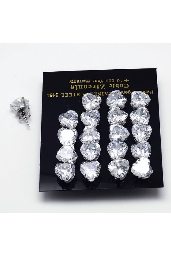 50Pair Cubic Zirconia Stud Earrings with 304 Stainless Steel Bases 316 Surgical Stainless Steel Pin Grade AAA Heart Clear 4x4mm Pin: 0.8mm