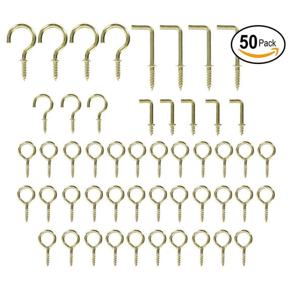 50Pc Assorted Cup Hooks & Square Bend Screw Kit Picture Wall Art Clock Hardware Hanging