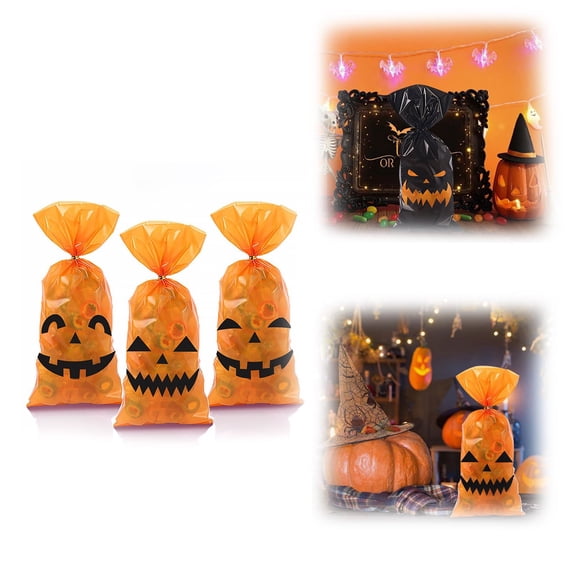 50Pc Clearance Under $3 Halloween Gift Bags Candy Bags For Trick-Or-Treat Station, Plastic Pumpkin Cookie Bag A (A)
