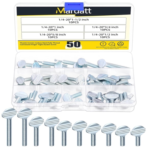 50Pcs 1/4"-20 Thread Thumb Screws, Carbon Steel Galvanized Rack Screw Finger Tight Racket Screw, 1/4"-20 x 1/2, 1/4"-20 x 5/8, 1/4"-20 x 3/4, 1/4"-20 x 1, 1/4"-20 x 1-1/2