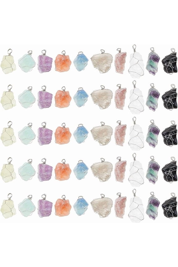 50Pcs 10 Colors Natural Stone Pendant 4cm/1.6" Stone Charm Silver Plated Wire Wrapped Quartz Gemstone Charms Irregular Gemstone Charm for DIY handcrafting