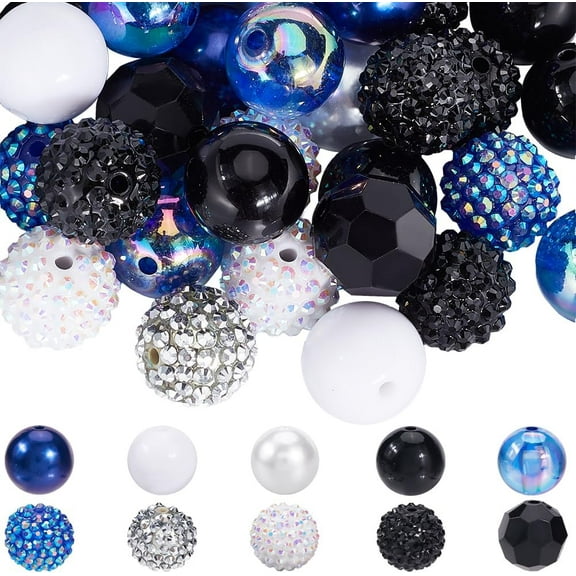 50Pcs 10 Styles Blue Black Silver Beads 20mm Bead Bulk Resin Rhinestone Plastic Acrylic Round Pave Diamond Spacer Loose Pen Beads Kit for Keychain Bracelet Jewelry Making DIY Crafts for DIY