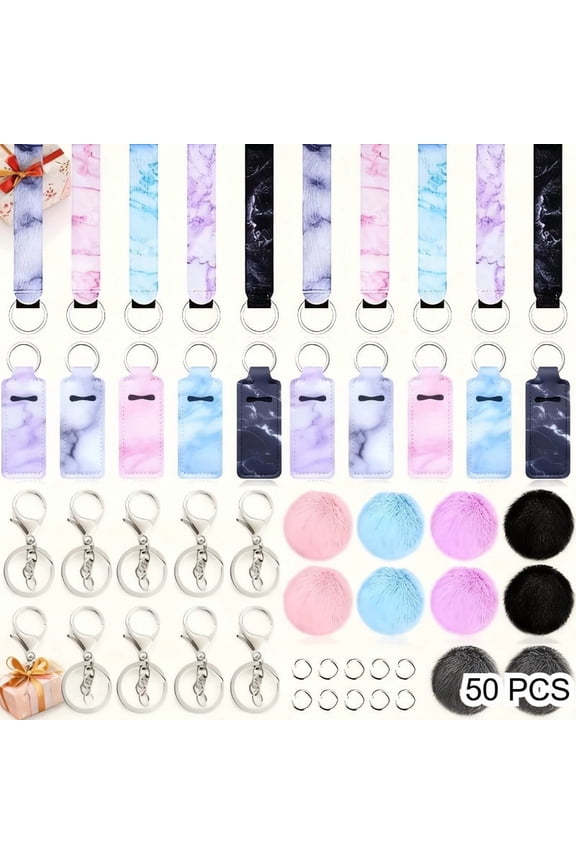 50Pcs 10Sets Marble Keychain Making Kit, DIY Lipstick Holder Keychain Set with Pom Pom Balls, Wristlet Straps, Keychain Clasps and Jump Rings, Bulk Craft Accessories for Party Favors Handmade Gifts