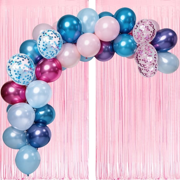 50Pcs 12 Inch Pink Macaron Blue Pink Metallic Blue Metallic Pink Blue Confetti Balloons and 2 Pack Macaron Pink Streamer 3.2 x 6.56 FT for Birthday Wedding Baby Bridal Shower Party Decorations