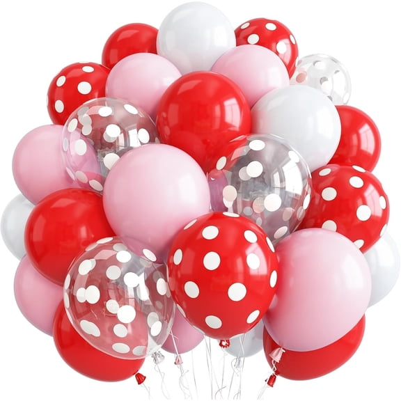50Pcs 12 Inch Red Pink White Strawberry Latex Balloons, Clear Polka Dot Cherry Pattern Balloons, Decor Supplies for Women Birthday, Galentines & Wedding Party