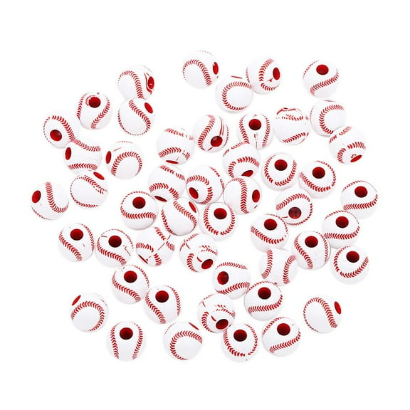 50Pcs× 12mm Baseball Patterns Acrylic Round Ball Spacer Loose Beads for Jewelry Red and white