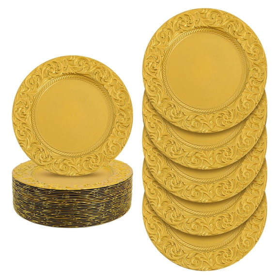 50Pcs 13 Inch Gold Embossed Plastic Charger Plates Antique Decorative Plate Reusable Wedding Table Decor for Table Dinner Kitchen Party
