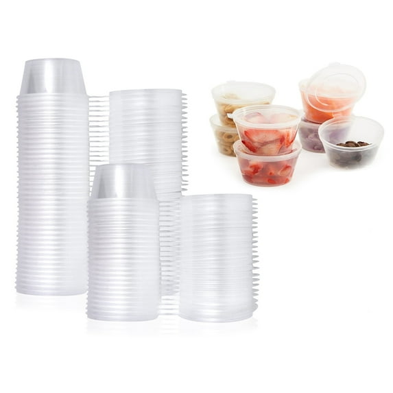 50Pcs 1oz Plastic Hinged Sauce Cups, Round Food Container Pots with Lids, Disposable Deli Pots for takeaway deli condiments sauces dressings seasonings and other food storage