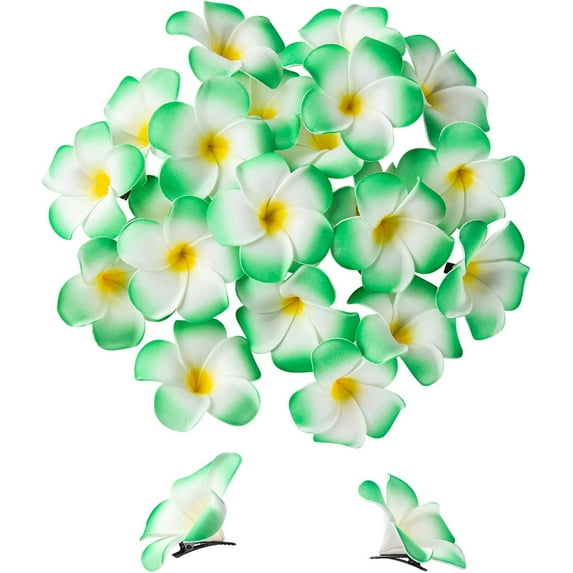 50Pcs 2.4" Foam Hawaiian Frangipani Artificial Plumeria Flowers Hat Hair Clips for Party Beach Vacation Home Wedding Decoration(Green)