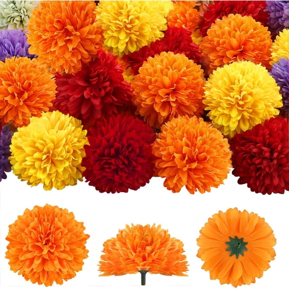 50Pcs 2.75'' Marigold Flowers Heads Bulk, Silk Marigold Artificial Flowers for Diwali Home Decor DIY Wreath Garland Craft Baby Shower Wedding Mexican Party Decoration Halloween New Year DecorMix-2
