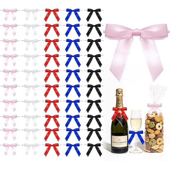 50Pcs 2.75" Satin Ribbon Gift Bows Premade Twist Tie Bows for Bags Champagne Bottle Balloons Cups Craft Party Gift Wrapping Bow Decorations