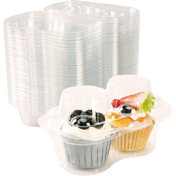 50Pcs 2 Cavity Cupcake Containers, Plastic Cupcake Carrier for 100 Cupcakes, Stackable Dome Cupcake Holder with Connected Airtight Lid, Clear Cupcake Boxes for Muffin Pies Bakery, BPA Free