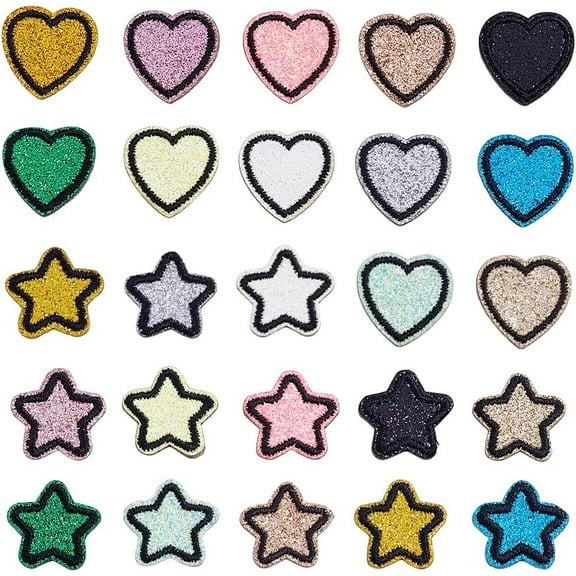 50Pcs 2 Styles Mini Heart Star Embroidery Patches Colorful Star Love Shape Iron-on Patches Glitter Self-Adhesive Applique for DIY Clothes Jeans Hats Backpacks Bag Vests Polyester