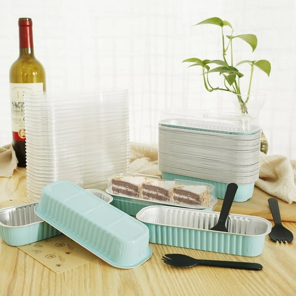 50Pcs 200ml Mini Loaf Blue Pans (Aluminum Foil) + Lids/4.4in Spoons/Sealing Stickers