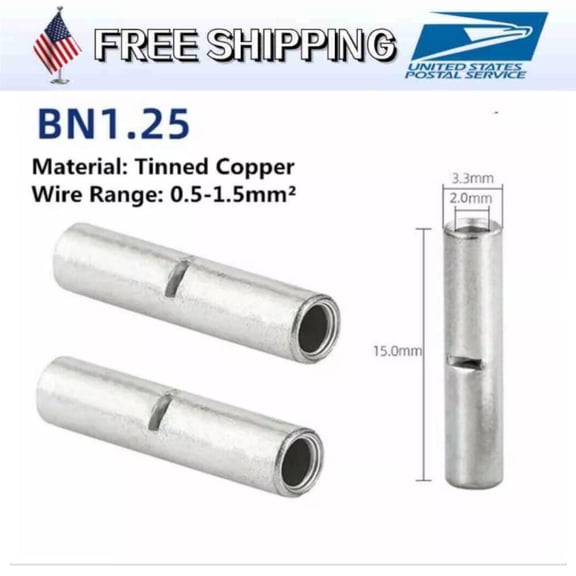 50Pcs 22-16AWG Bare Copper Ferrule Butt Wire Connectors Crimp Splice Terminals