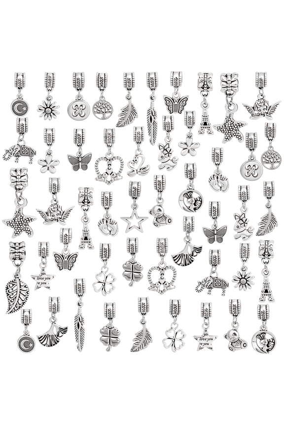 50Pcs 25 Styles Alloy European Dangle Charms Large Hole Pendants Mixed Shapes Antique Silver 22~39mm Hole: 4.5~5.5mm 2pcs/style
