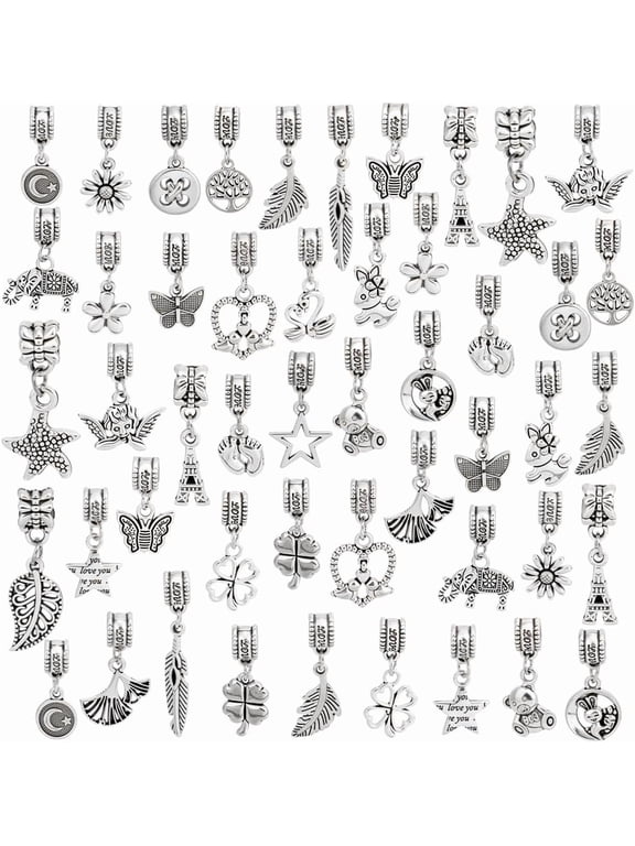 50Pcs 25 Styles Alloy European Dangle Charms Large Hole Pendants Mixed Shapes Silver 22~39mm Hole: 4.5~5.5mm 2pcs/style for Craft Accessories
