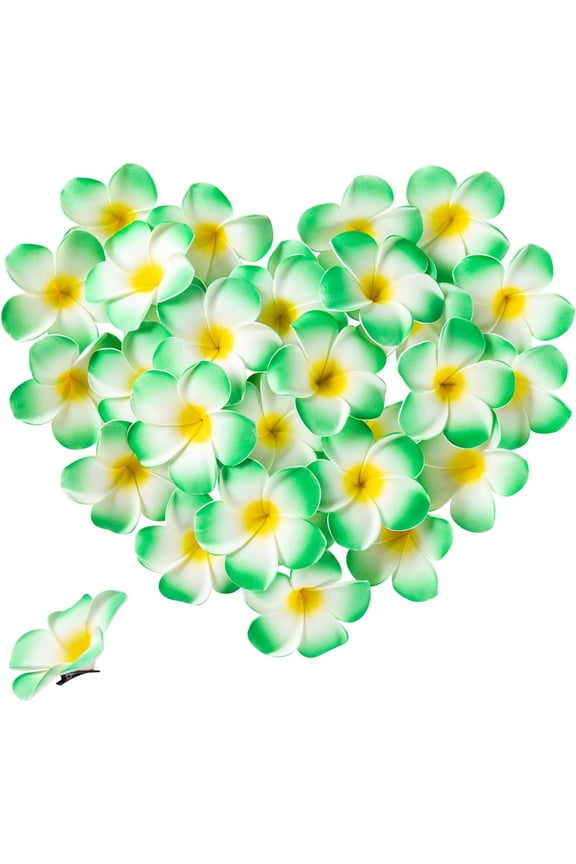 50Pcs 3.5" Foam Hawaiian Frangipani Artificial Plumeria Flowers Hat Hair Clips for Party Beach Vacation Home Wedding Decoration(Green)