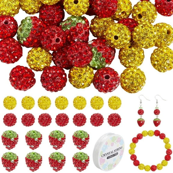 50Pcs 3 Styles Strawberry Clay Beads Rhinestone Disco Ball Beads Bulk Red Yellow Round Sparkle Bling Spacers with Elastic Thread for Pens Jewelry Making Bracelet Necklace DIY Crafts Multi-color
