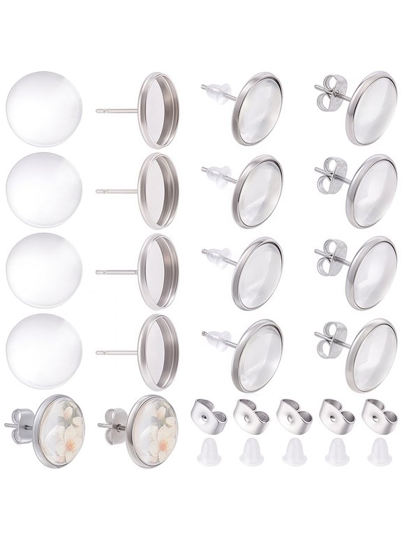50Pcs 304 Stainless Steel Flat Round Stud Earring Settings 50Pcs Glass Cabochons 50Pcs Plastic Ear Nuts 50Pcs 201 Stainless Steel Ear Nuts DIY