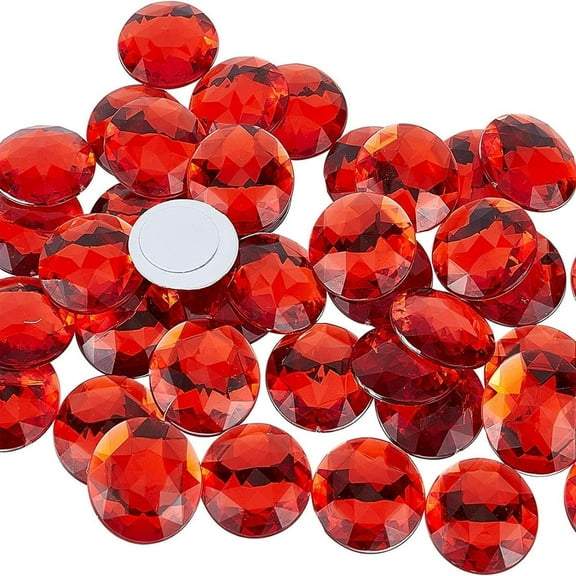 50Pcs 30mm Flat Back Round Acrylic Rhinestone Red Self-Adhesive Plastic Circle Gems Stick On Jewels for Jewelry Making Costume Cosplay Embelishments Invitation Crafts Bling Home Decor DIY Red