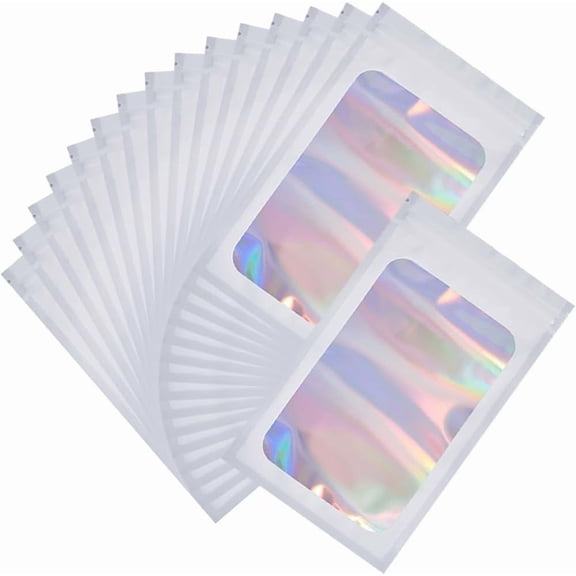 50Pcs 4.7 x 7.8 Foil Ziplock Bags Small Holographic Bag Bulk Resealable Smell Proof Plastic Iridescent Sample Packing Pouches for Party Favor Food Cookies Jewelry Snack Storage Packaging White 1set