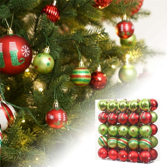50Pcs/ 4 CM Mini Vintage Christmas Ornaments Set - Red and Green Classic Retro Shatterproof Balls - 1.57 Inch - Christmas Tree Decorations